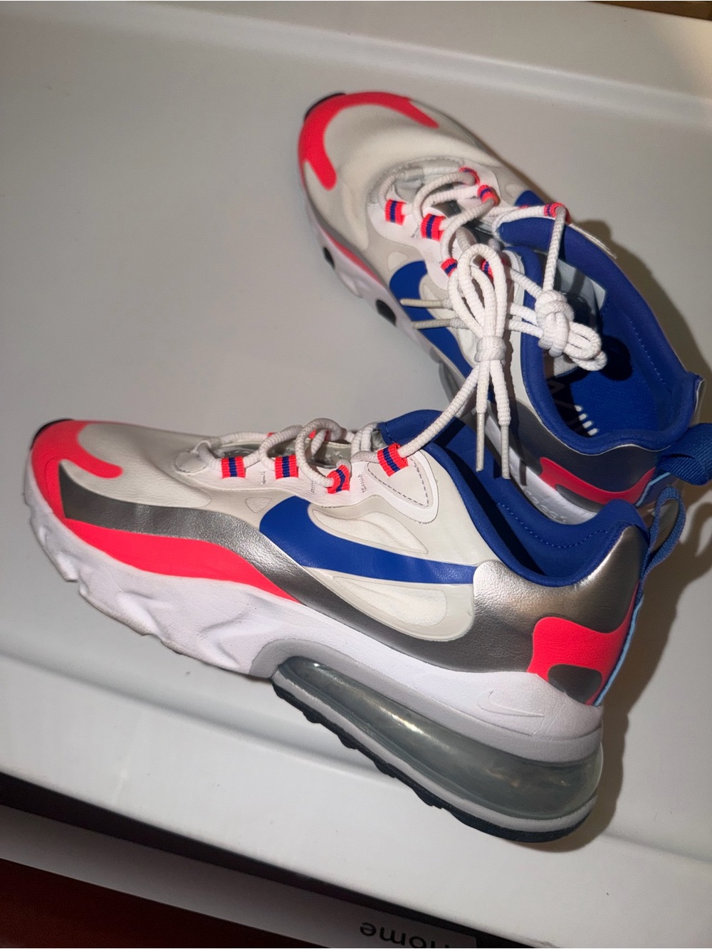 Nike White Sneakers with Blue, Silver and Neon Pink Accents